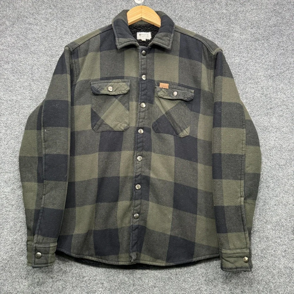 Matix Shirt Jacket Mens Medium Green Black Buffalo Plaid Sherpa Lined Outdoor